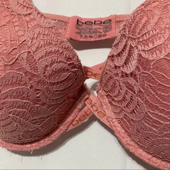 bebe Womens Push-Up Bra 38C Pink Lace Logo Criss Cross - Picture 4 of 6